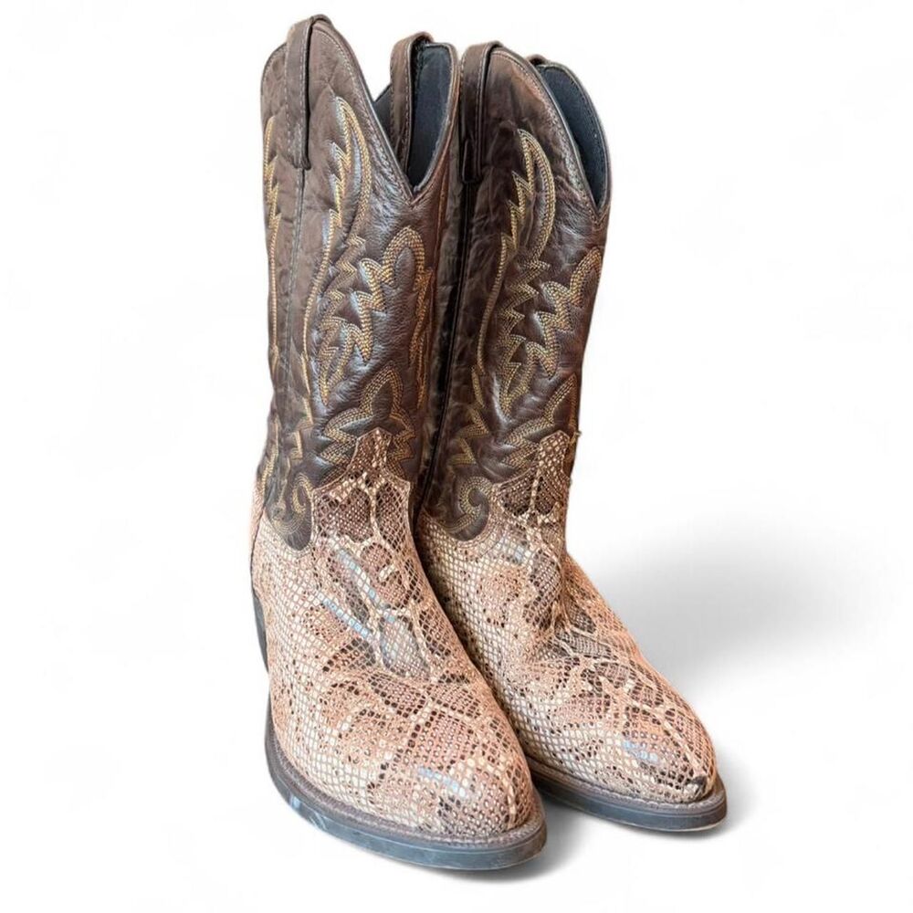 Laredo Men’s 8.5D Brown Snake Print Western Cowboy Boots Leather Exotic Print